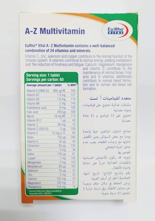 EuRho Vital A-Z Multivitamins With 24 Vitamins & Minerals For Adults - 60 Tabs