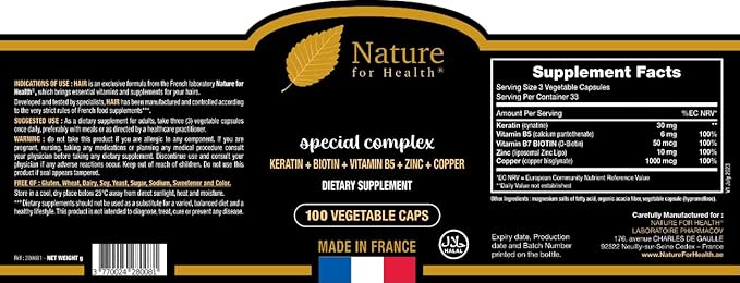 Hair Special Complex - Dietary Supplement for Stronger & Thicker Hair - Keratin, Vitamins & Minerals - Sugar & Gluten-Free - Made in France - 100 Vegetable Caps